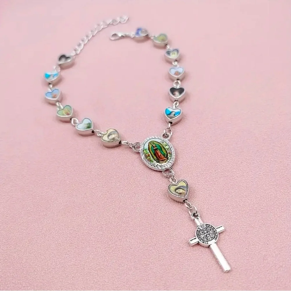 Lovely Heart Shaped Cross Pendant Rosary Bracelet, Virgin Charm Silver Plated‎